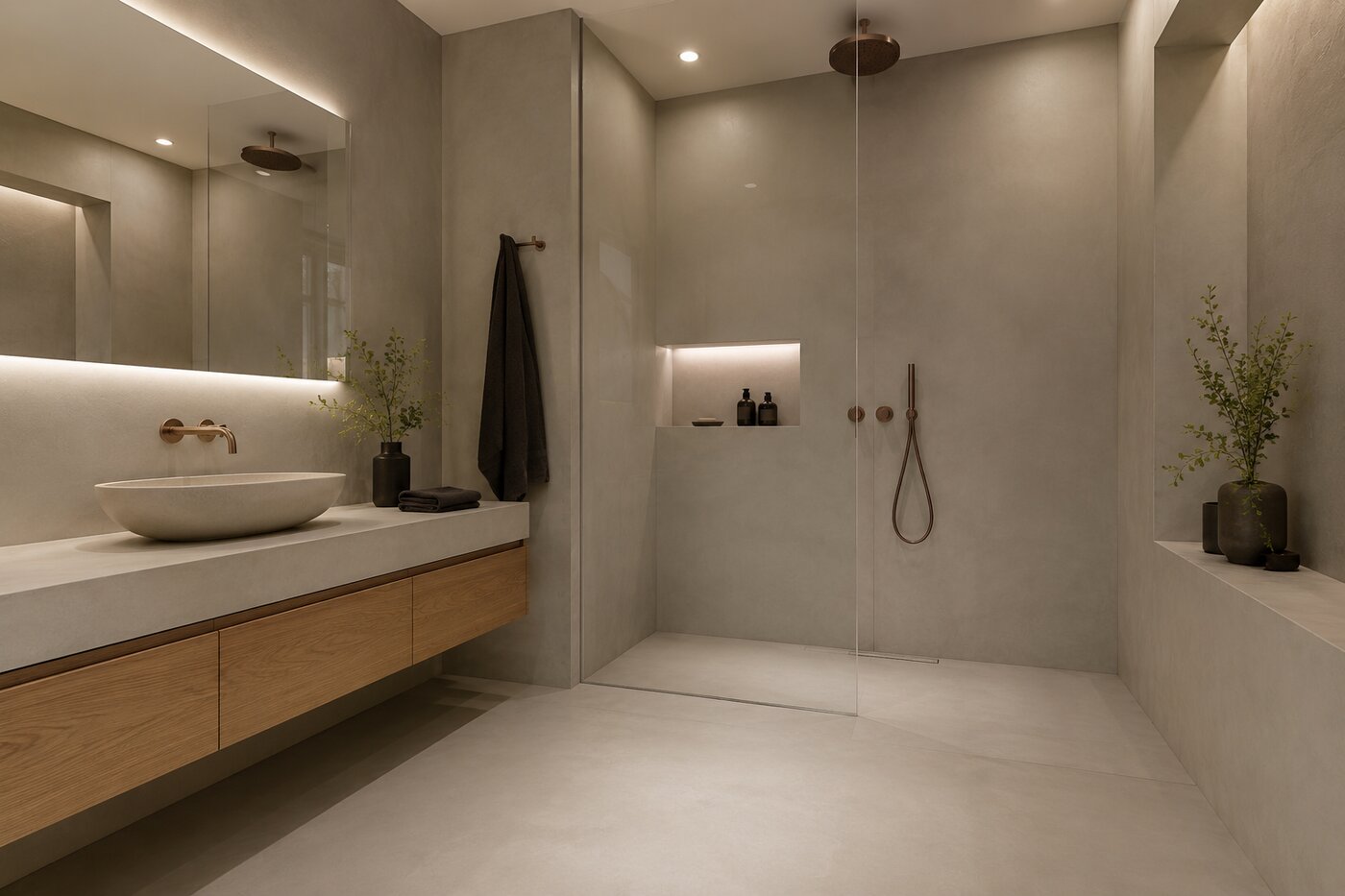 Modernes fugenloses Badezimmer in Mikrozement-Optik