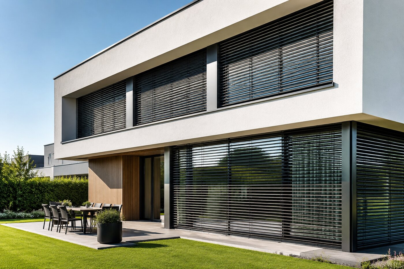 Moderner Sonnenschutz mit Raffstores an der Fassade