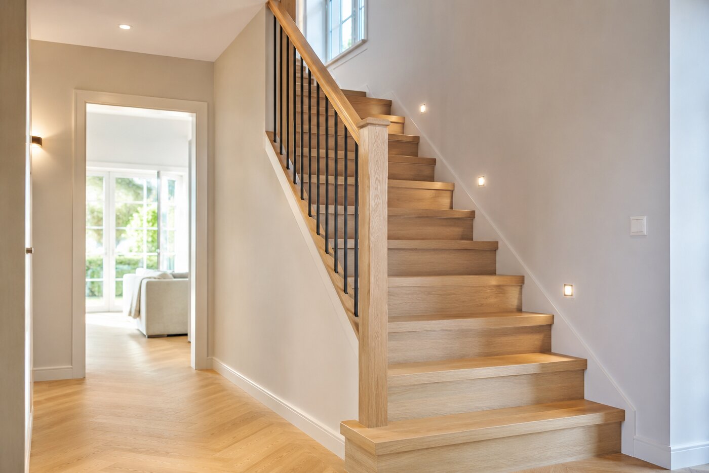 Renovierte Holztreppe mit modernen Treppenstufen